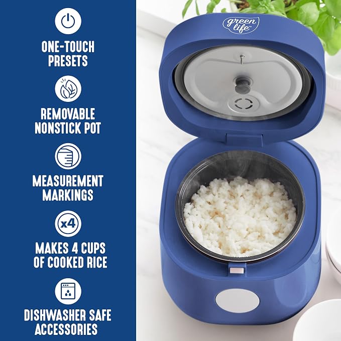 GreenLife Digital Rice Cooker, 2-Cups Uncooked/4-Cups Cooked, Navy Blue | PFAS-Free Ceramic Nonstick Coated 1.5QT Pot, One-Touch Presets, Oats, Quinoa, Brown Rice, Auto Warming, Fuzzy Logic Tech