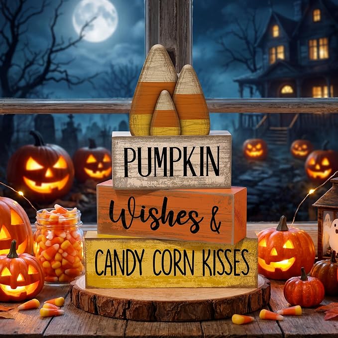 Lineshading 4 Pcs Fall Decoration For Home Wooden Candy Corn Stacked Blocks | Rustic Wood Blocks with Candy Corn Topper, Pumpkin Wishes Text, Tabletop Centerpiece for Thanksgiving Fall Home Decoration