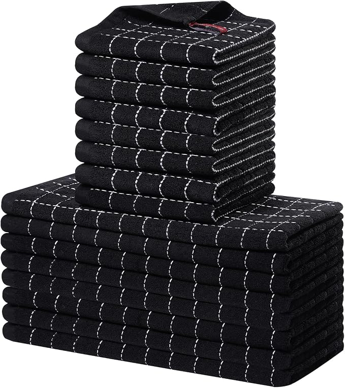Homaxy Kitchen Towels and Dishcloths Set, Set of 16, Black | Bulk Cotton Terry Kitchen Towels, Checkered Designed, Soft and Super Absorbent Dish Towels, 12 x 12 and 13 x 28 Inches