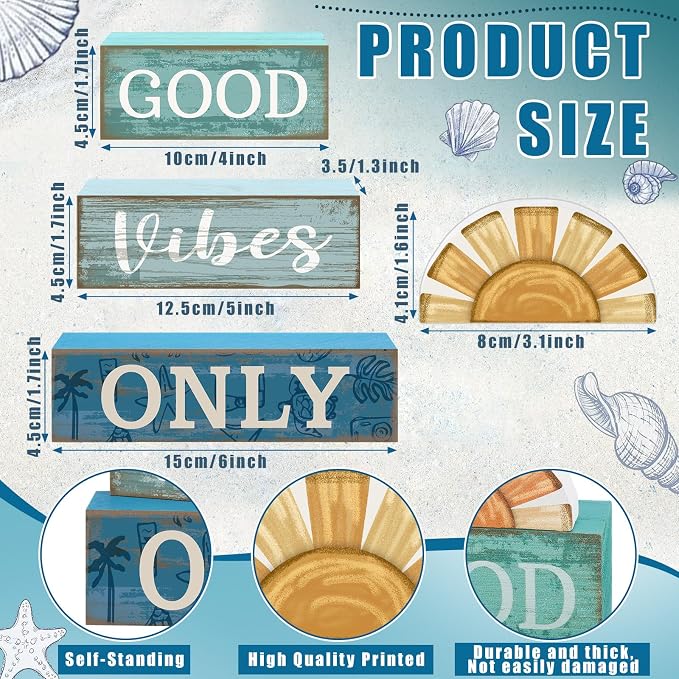 Lineshading 4 Pcs Summer Beach Table Decor Good Vibes Only Wooden Sunshine | Rustic Wooden Coastal Style, California Beach Vibes, Tiered Tray Centerpiece for Living Room, Positive Message Display