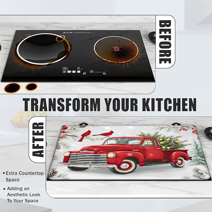 Electric Stove Top Cover,Christmas Truck Stove Cover for Glass Top Electric Stove,Winter Cardinal Bird Heat Resistant Flat Top Stove Mat Countertop Protector, 28 x 20 Inch