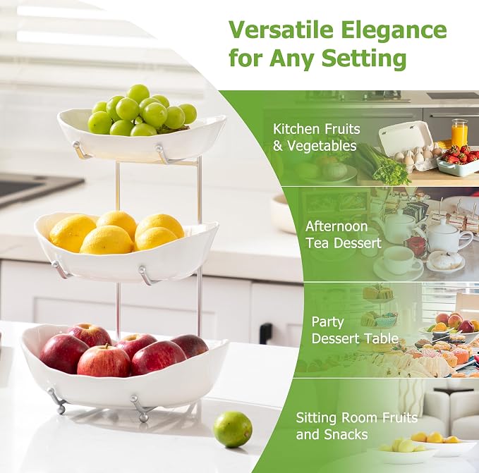HBlife Fruit Bowl for Kitchen Counter - 3 Tier Ceramic Fruit Bowl Holder with Metal Stand, Tiered Fruit Basket for Fruit and Vegetable Storage, Serving Trays for Party