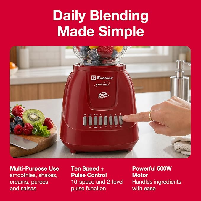Koblenz LKM-5970 VR Blender, Home and Kitchen Appliances, 500W Motor, 51 Oz | Glass Jar, 10-Speed, Blender for Smoothies, Milkshakes, Purees, 4 Stainless Steel Blades, Metal Coupling, Red, For Gifts