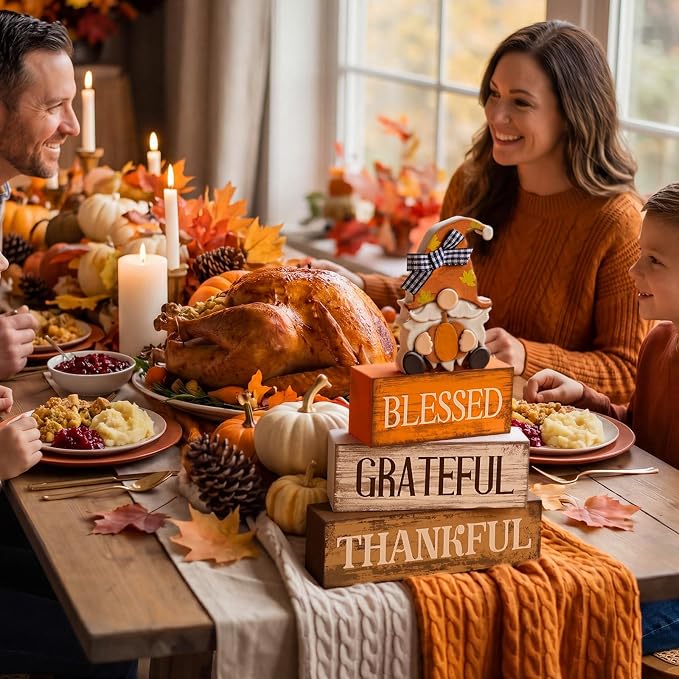 Lineshading 4 Pcs Fall Gnome Block Signs Thanksgiving Tiered Tray Decor | Wooden Blessed Grateful Thankful Signs, Rustic Gnome Centerpiece, Harvest Party Kitchen Shelf Farmhouse Decorations