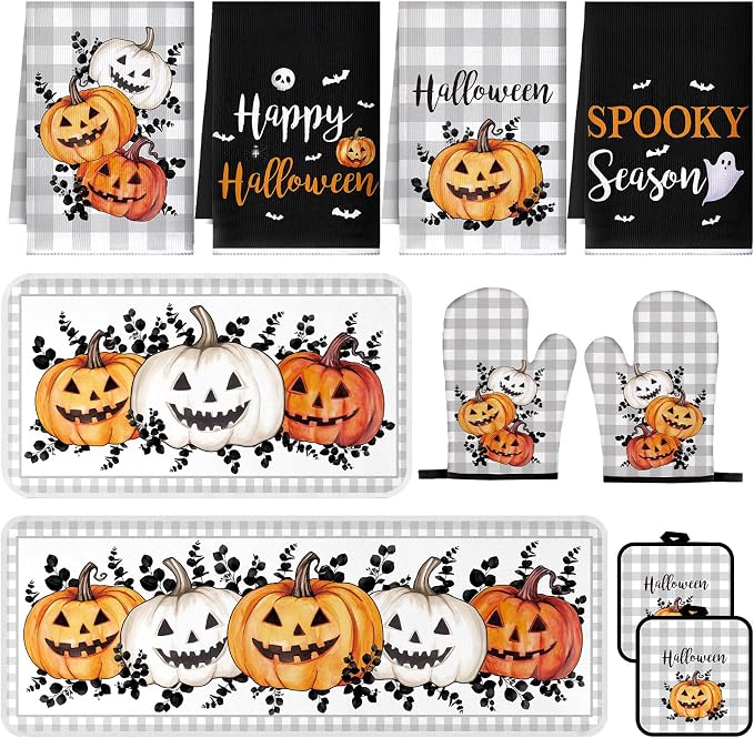 Fanfanwin 10 Pcs Halloween Pumpkin Kitchen Decor and Accessories Set Kitchen Towels Rugs Pot Holders Oven Mitts Set Halloween Decorations for Cooking Baking Housewarming Gifts