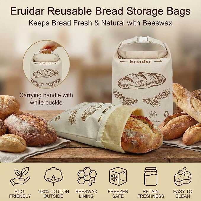 Beeswax Bread Bags for Sourdough & Homemade Bread (2 Pack) | XL 13"x17" Reusable Organic Cotton Bees Wax Bread Bag, Alternative to Bread Box, Natural & Easy to Clean (Rustic Bread Print)