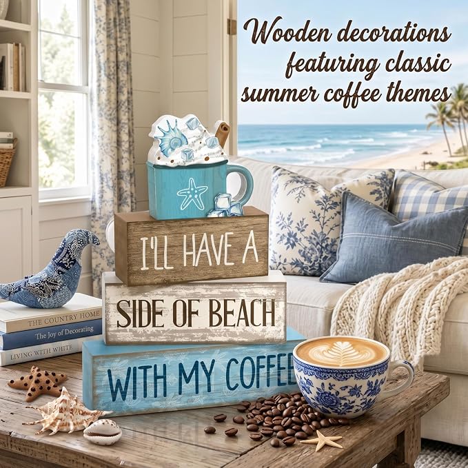 Lineshading 4 Pcs Beach Coastal Wooden Block Signs with Coffee Cup Summer | Blue Rustic Wood Signs Starfish Mug, Tiered Tray Coffee Bar Table Decor, Beachy Nautical Centerpieces for Home Office