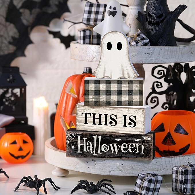 Lineshading 4 Pcs Halloween Table Decor For Home Ghost Tiered Tray Decor | Stacked Blocks with Ghost and Plaid, Rustic Wood, For Tabletop Shelf Mantel, Halloween Farmhouse Home Styling, Gift Ready