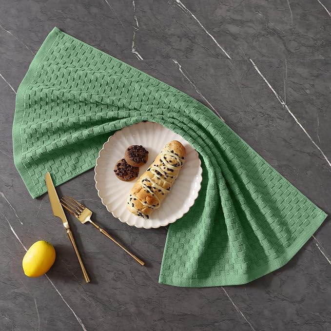 Homaxy 100% Cotton Terry Kitchen Towels(15" x 25", 12 Pack), Grass Green | Soft and Super Absorbent Dish Towels, 380 GSM Reusable Tea Towel with Hanging Loop, Pineapple Grid Designed