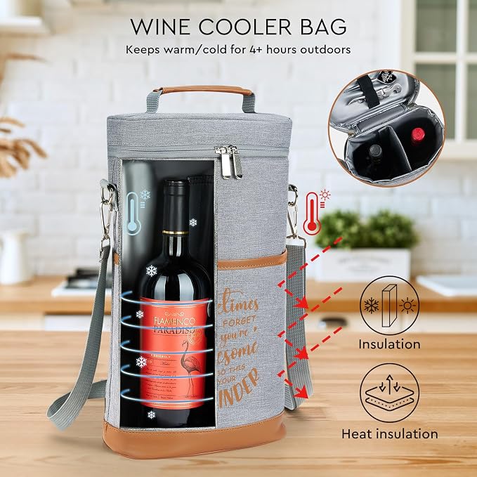AW BRIDAL Birthday Gifts for Women Men, Drink Happy Thoughts Gift Basket for Housewarming and Beach Camping Travel, Insulated Wine Cooler Bag with Tumbler Mugs and Accessorie Set for Wine Lover Friend