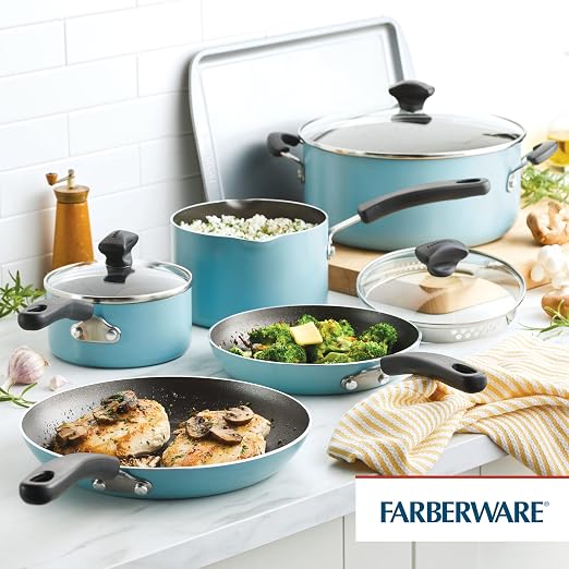 Farberware Cookstart Aluminum DiamondMax Nonstick Cookware Set, Kitchen Essentials, 15-Piece, Aqua