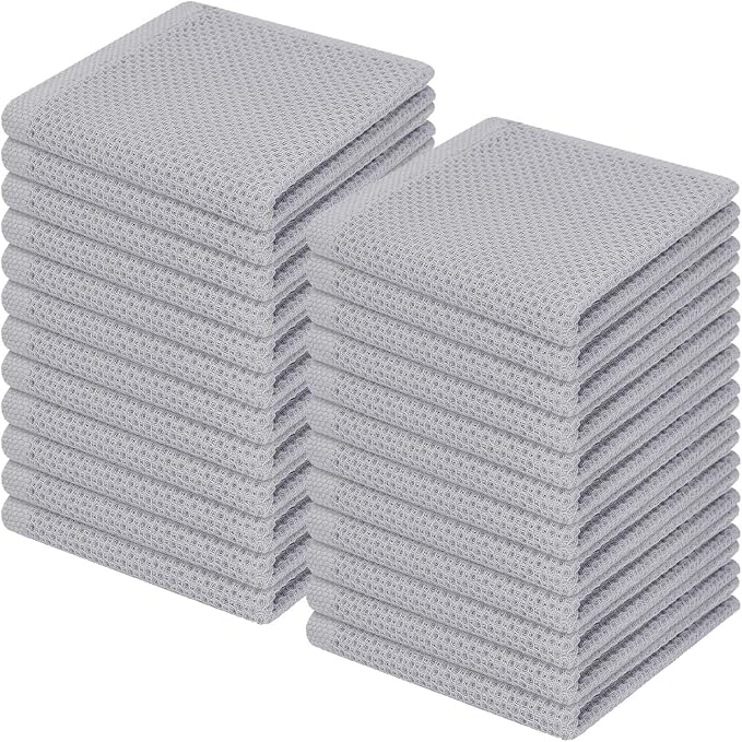 Homaxy 100% Cotton Waffle Weave Kitchen Dish Cloths 24-Pack, Light Gray | 12 x 12 Inches, Ultra Soft Absorbent Dish Towels, Quick Drying Dish Rags with Hanging Loop