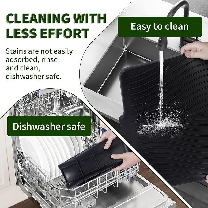 Silicone Dish Drying Mat for Kitchen Counter, 16" x 13" Black-1pcs | Heat Resistant & Non-Slip Dish Drain Pad with Built-In Drain, Quick-Dry, Hangable & Roll-Up for Storage，Multi-Functional Use