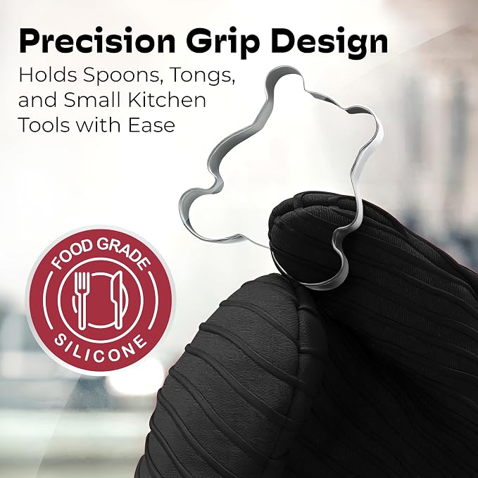 Silicone Mini Oven Mitts - Black Set of 2 - Heat Resistant to 536 F / 280 C Kitchen Gloves Professional Grade Pot Holders for Cooking Baking