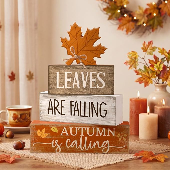 Lineshading 4 Pcs Autumn Block Signs, Farmhouse Tiered Tray Decor | Stacked Signs with Maple Leaf, Fall Tabletop Centerpiece, Mantle Shelf Display, Back to School Autumn Decoration