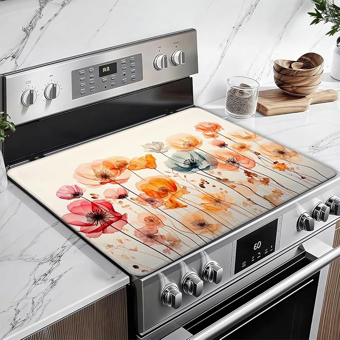 Colorful Poppy Floral Stove Top Covers for Electric Stove, Electric Gas Stove Pad Heat Resistant Range Cooktop Protector for Home Decor Kitchen 28"x20"