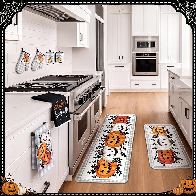 Fanfanwin 10 Pcs Halloween Pumpkin Kitchen Decor and Accessories Set Kitchen Towels Rugs Pot Holders Oven Mitts Set Halloween Decorations for Cooking Baking Housewarming Gifts