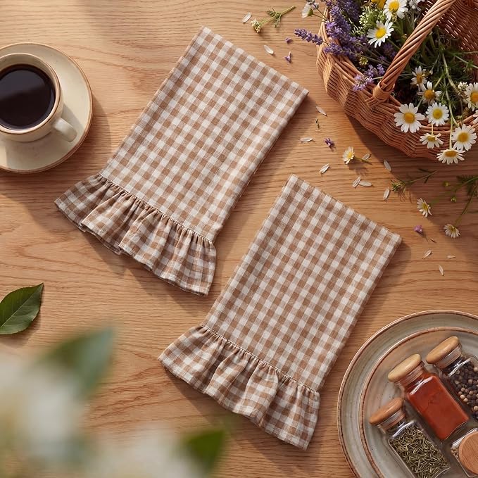 HunnmingRe 2 Pcs Taupe Gingham Kitchen Towels Cotton Ruffled | Checked Dish Towels 18"x28" Tea Cloths Plaid Cottage Core Kitchen Decor for Farmhouse Charm Drying Dishes Entertaining Guests