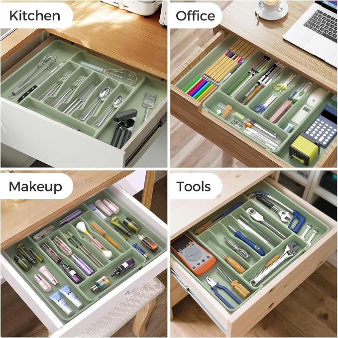 ukeetap Extra Large Expandable Silverware Organizer, Flatware Tray, Green | BPA-Free Food-Safe Kitchen Utensil Cutlery Drawer Organizer, Adjustable Silverware Holder for Spoons Forks Knives