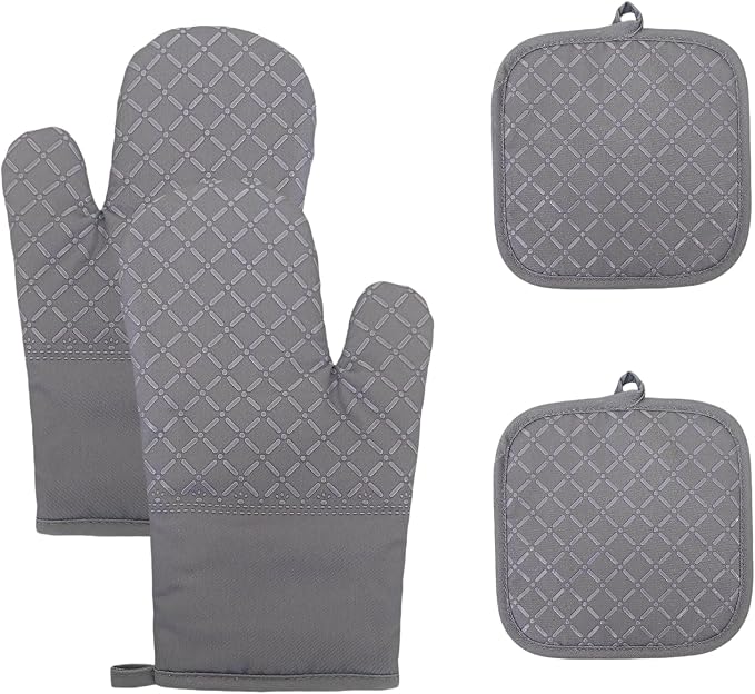 Oven Mitts and Pan Racks 4-Piece Set, Extended Kitchen Oven Mitts and Pan Racks, Heat Resistant 500 °F, Silicone Non-Slip Surface for Baking and Cooking (Grey)