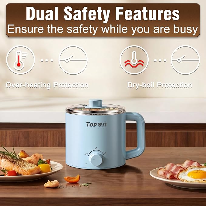 Topwit 1.6L Electric Pot, Stainless Steel Ramen Cooker with Steamer | Dual Power Setting, Cooking for Hot Pot, Pasta, Oatmeal, Soup & Egg, Overheat & Boil-Dry Protection, for Dorm & Office