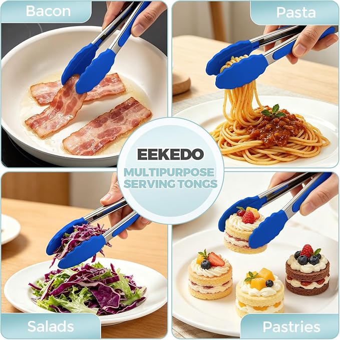 Small Cooking Tongs 7 inch Mini Serving Tongs with Silicone Tips, Set of 3 (Red + Green + Blue)