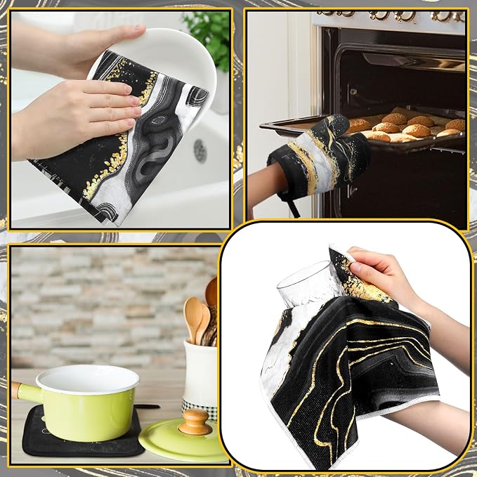 Leinuosen 8 Pcs Black and Gold Marble Kitchen Towels and Dishcloths Sets Oven Mitts and Pot Holders Absorbent Kitchen Gloves Potholders Heat Resistant for Chef Baking Cooking