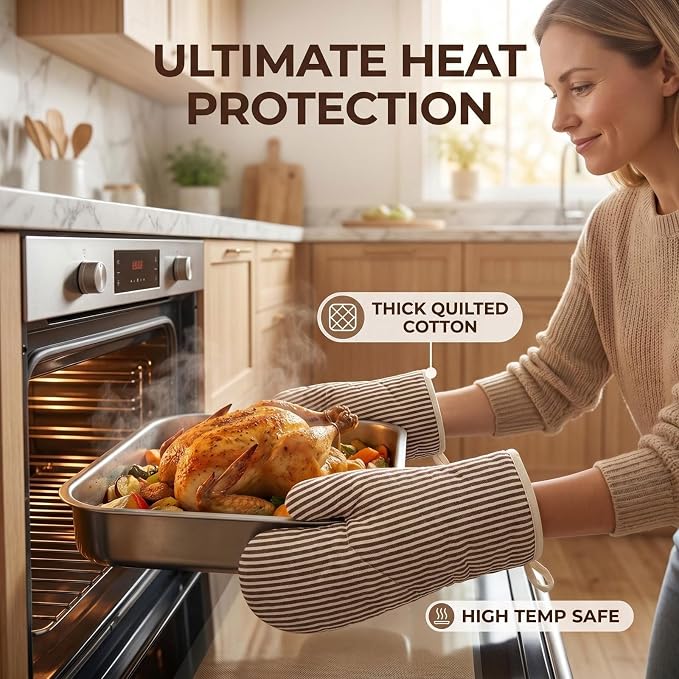 4Pcs Oven Mitts and Pot Holders, Heat Resistant Oven Mitts Set with Pothholder,Heat Resistant Microwave Gloves Safe for Baking,Cooking, BBQ (Khaki)