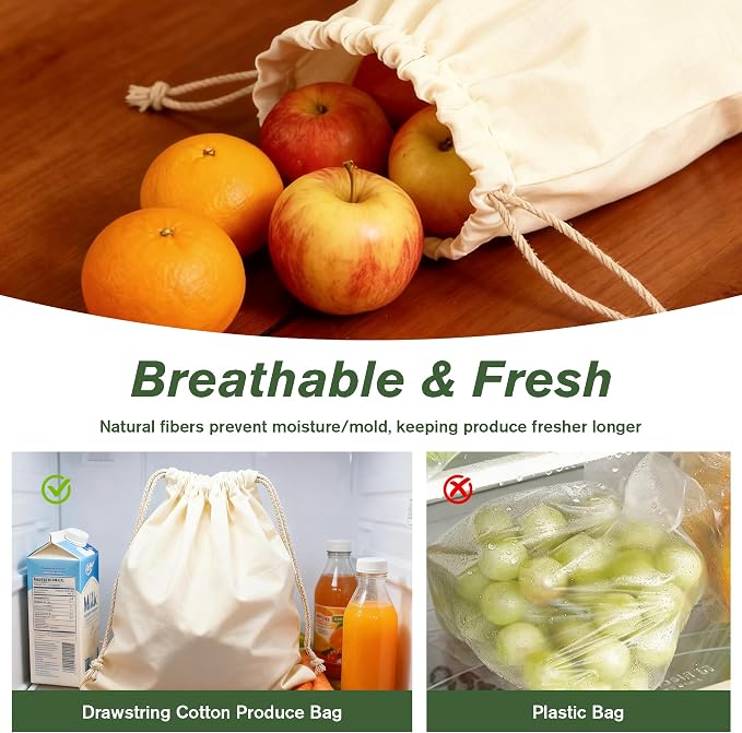 PrettyCare 15x13 Inch Reusable Cotton Storage Bags, 3-Pack Muslin Drawstring Bags for Bread, Potatoes, Onions, Produce; Biodegradable Canvas Fabric Sacks for Shoes, Laundry, Clothes, Travel Storage