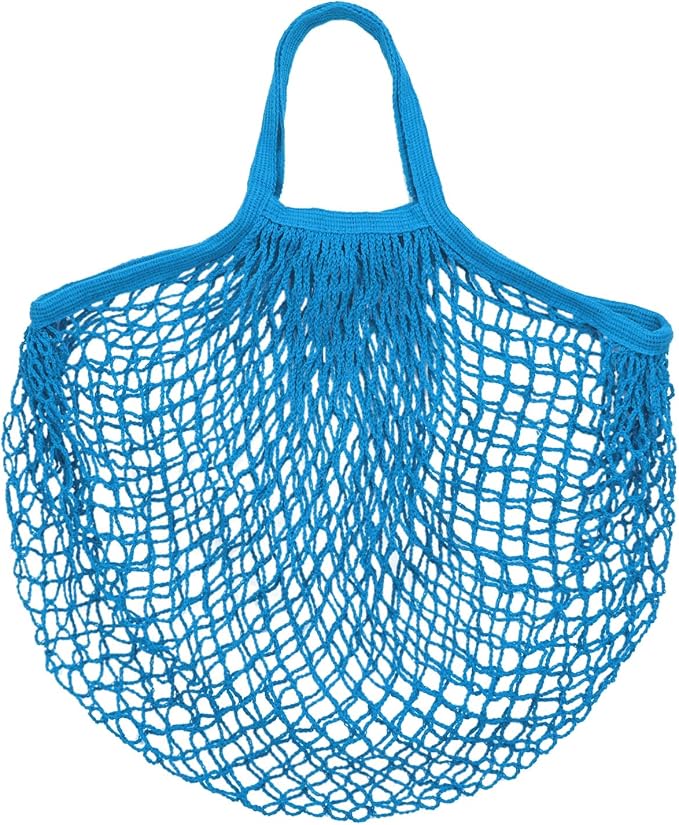 M METERXITY 1-Pack Cotton Mesh Bag, Reusable Washable Mesh Net String Grocery Bags, Reusable Produce Bags with Handle, Net Tote Bag for Fruits/Vegetables Shopping [Blue, Short Handle]