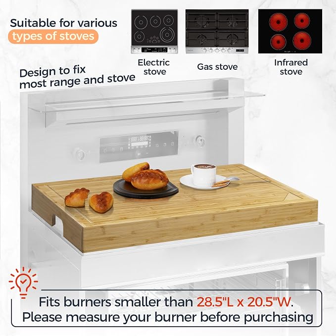 Fun Memories Noodle Board Stove Cover - Bamboo Wood Top Covers for Electric and Gas Sink RV 30 inL x 22 inW x 2.5 inTh Raised Cutting with Legs Juice Grooves