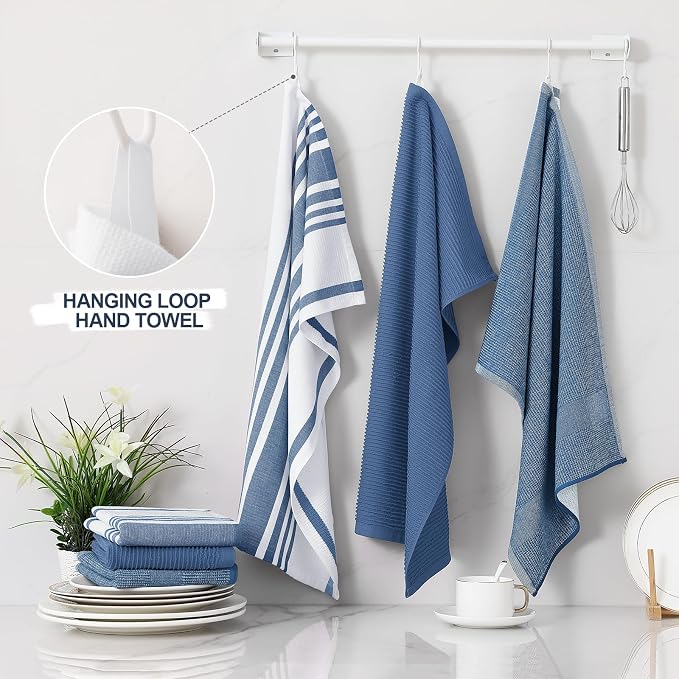 Homaxy Cotton 380 GSM Premium Kitchen Towels, 18"x 28", 9 Pack, Navy Blue | Soft and Absorbent Terry Dish Towels, Multipurpose Tea Towel Set with Hanging Loop, 3 Styles Kitchen Hand Towels
