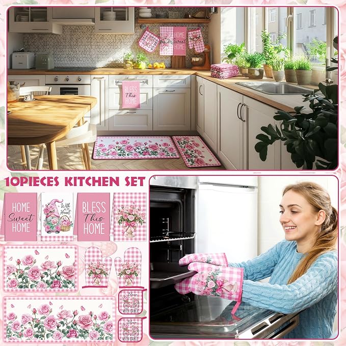 Fourluoo 10 Pcs Pink Rose Kitchen Decor Set Towels and Rugs Oven Mitts and Pot Holders Farmhouse Spring Kitchen Decor Set for Women Mom Gift Cooking Baking Grilling