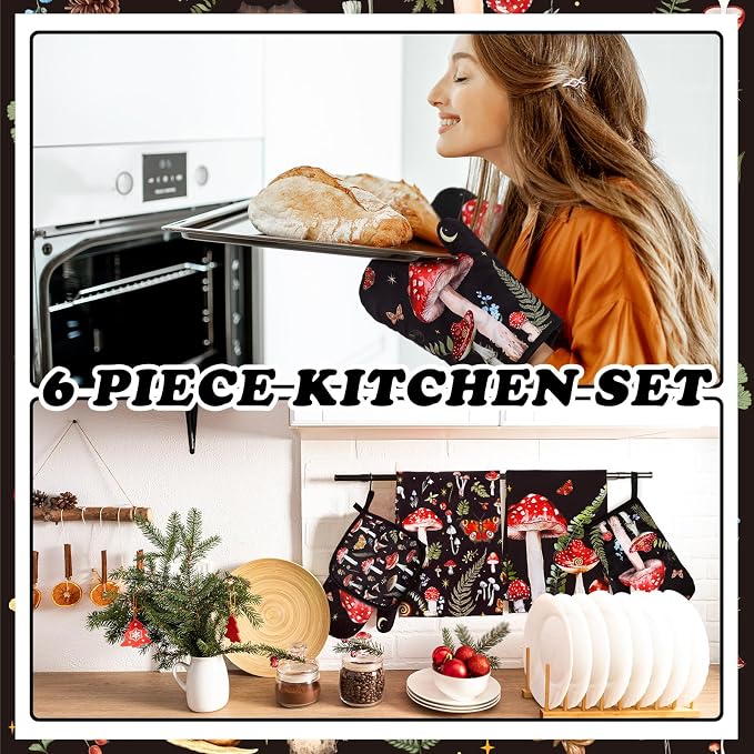 Bencailor 6 Pcs Mushroom Kitchen Towels Oven Mitts and Pot Holders Set Decorative Dish Towels Tea Washcloth Non Slip Heat Resistant Oven Gloves for Summer Home Cooking Baking, Red