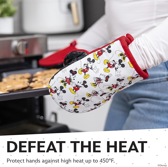 Disney Mickey & Minnie Mini Oven Mitts, 2-Pack, Heat Resistant 450F | Compact 5.5"x7.5" pot holders for kitchen, printed silicone offers non-slip grip, ambidextrous, hand wash or spot clean