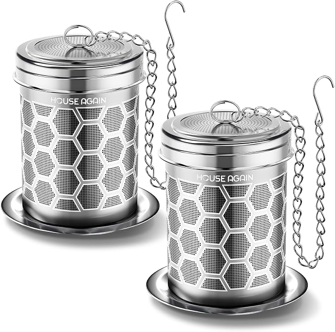 House Again 2 Pack Tea Strainers for Loose Tea, Extra Fine Mesh Tea Infuser, 304 Stainless Steel with Chain Hook, Loose Leaf Tea Steeper for Brew Tea Spices & Seasonings, Geometric Design