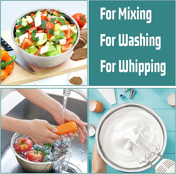P&P CHEF Stainless Steel Mixing Bowls With Lids, Set of 6, Multicolor | Salad Nesting Mixing Bowls & Fitting Lids & Non-Slip Silicone Bottom, Ideal for Mixing, Storing, Size 0.7/1/1.5/2.5/3/4.6 Qt