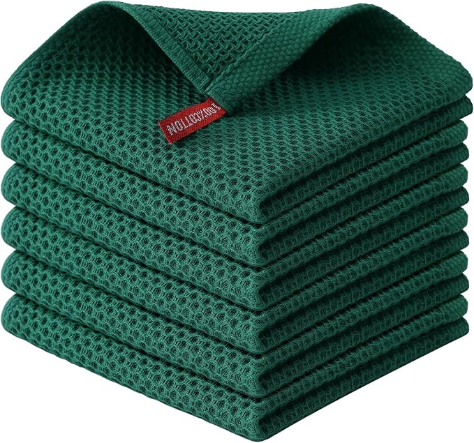 Kitinjoy 100% Cotton Waffle 6-Pack Kitchen Towels, 12" x 12", Dark Green | Ultra Absorbent, Super Soft, lightweight, Quick Drying Dish Rags for Washing Dishes