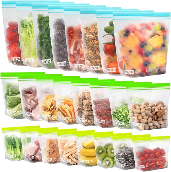24 Pack Reusable Food Storage Bags Stand Up Dishwasher Safe BPA Free | Reusable Freezer Bags, Extra Thick Leakproof Ziplock Bags for Freezer Storage & Family Use (8 Gallon,8 Half Gallon, 8 Quart)