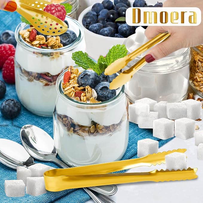12 Pack Gold Premium Small Serving Tongs, Dmoera Mini Stainless Steel Appetizer Tongs, 5 Inch(12.7cm)