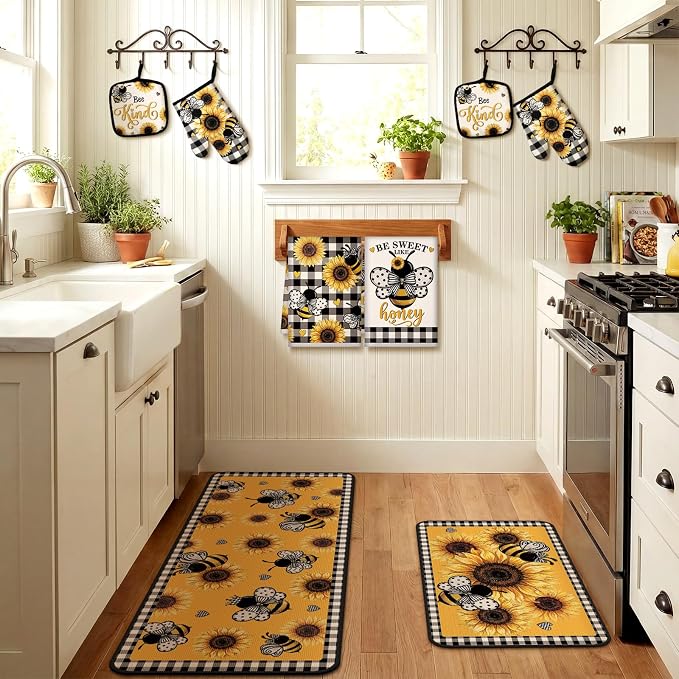 Fourluoo 10 Pcs Bee Kitchen Decor Set Kitchen Towels Rugs Oven Mitts and Pot Holders for Bee Festival Cooking Baking Grilling Gift