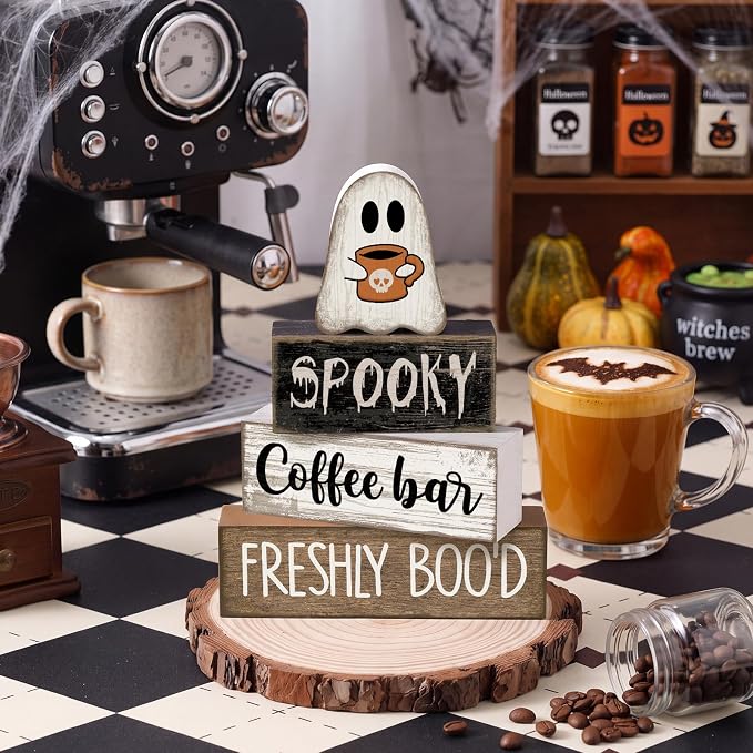 Lineshading 4 Pcs Halloween Coffee Bar Decor Wooden Ghost Block Signs | Farmhouse Tiered Tray Decorations, Rustic Tabletop Home Decor, Spooky Ghost Theme, Stacked Wood Blocks for Kitchen