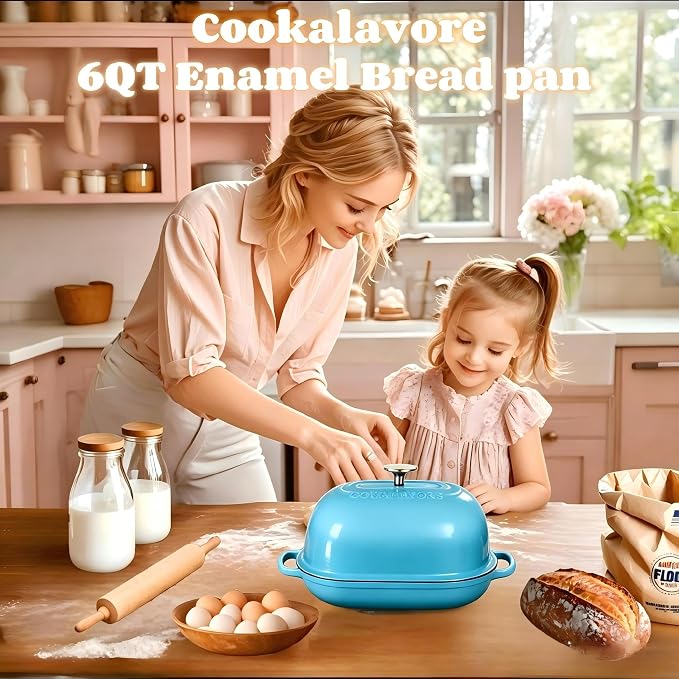 Cast Iron Bread Oven,6 QT Dutch Oven,Thick Enameled Loaf Pan with Lid,Bread Pans for Homemade Bread,14.5"Dutch Oven for Bread Baking,Dutch Ovens-with Silicone Baking Mat&Recipe,Gifts for Family,Teal