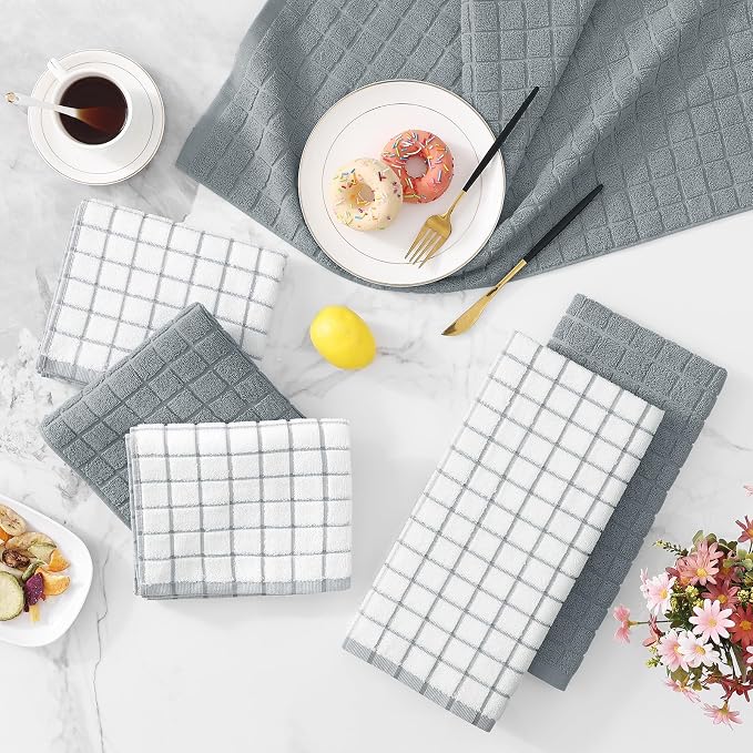Homaxy Large Premium Cotton Kitchen Towels 16"x 28", 12 Pack, Grey | Natural Ring Spun 390 GSM Dish Towels, Super Absorbent Terry Kitchen Hand Towels, Soft Tea Towels with Hanging Loop