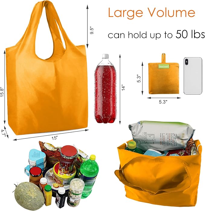 BeeGreen Orange Reusable Grocery Bags Wholesale Pumpkin Reusable Kitchen Bags Bulk Foldable-Machine Washable with Zipper Storage Pouch 50 Packs