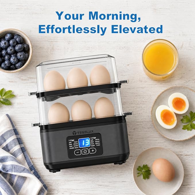 Tesslux Egg Cooker, Dual Layer 12 Egg Boiler, Soft Hard Poached, Black | LED Countdown Timer, Touch Control, Poaching Bowl, Omelet Maker, Two Trays, Vegetable Steamer, Auto Shut-Off, Buzzer Alert