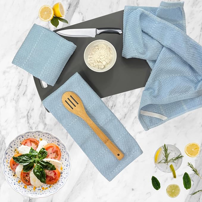 Light Baby Blue Kitchen Hand Dish Towels, Set of 3, 100% Cotton, 18" x 28" | Terry Loop Ribbed Textured, Soft & Absorbent Cleaning Cloth, Quick Dry, Multipurpose for Everyday Use