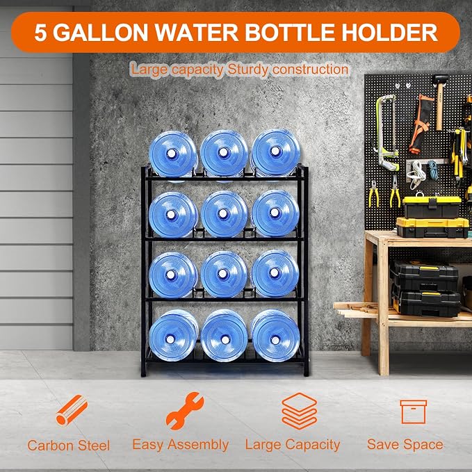 5 Gallon Water Dispenser Jug Holder Heavy Duty Water Cooler Jug Rack and 4 Tier Water Storage Rack with 12 Slots for Gallon Jugs (Black)