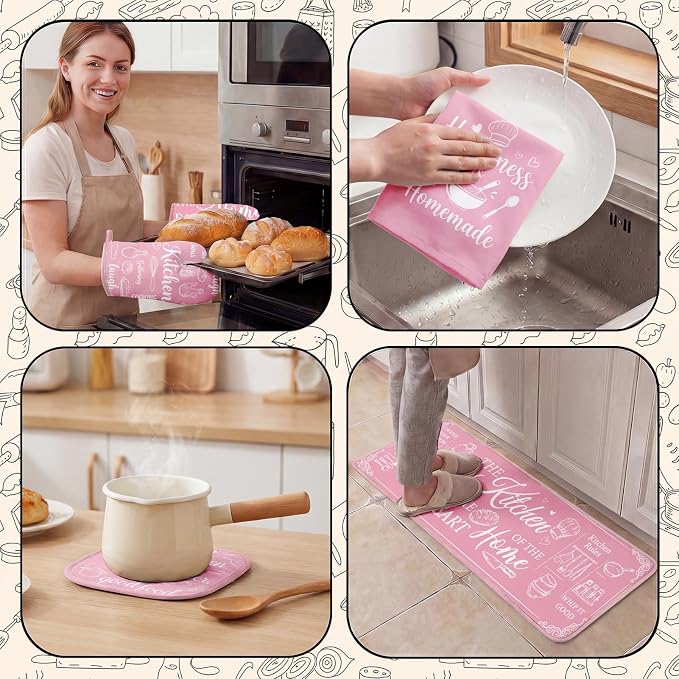 10 Pcs Kitchen Decor and Accessories Set, Pink Retro | Baking Cute Happiness 4 Dish Towels Kitchen Rugs 2 Oven Mitts 2 Pot Holders, Home Decor for Cooking Baking BBQ Housewarming