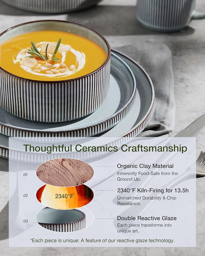 Famiware Star Stoneware Dinnerware Set, Reactive Glaze Plates & Bowls for 4 | 12-Piece Handmade Ribbed Dishes, Chip & Scratch Resistant Ceramic. Microwave & Dishwasher Safe, Rustic Modern, Smoky Blue